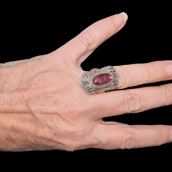 Sarda Bali Designer Pink Abalone Quartz Triplet Statement Ring - Picture 6 of 12